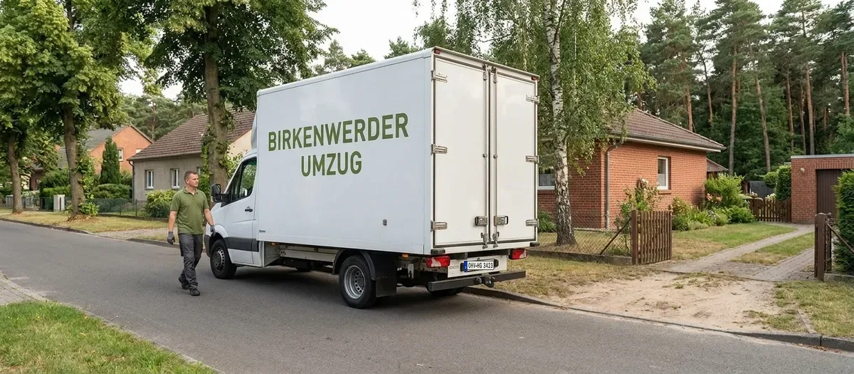 Weißer Umzugswagen mit der Aufschrift Birkenwerder Umzug steht an einer ruhigen Dorfstraße