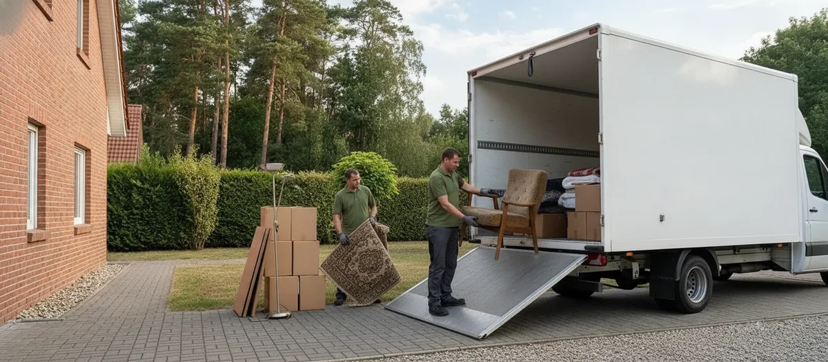 Umzugskraft trägt einen alten Sessel über die Ladeklappe in den Wagen, daneben stehen Kartons und ein gerollter Teppich