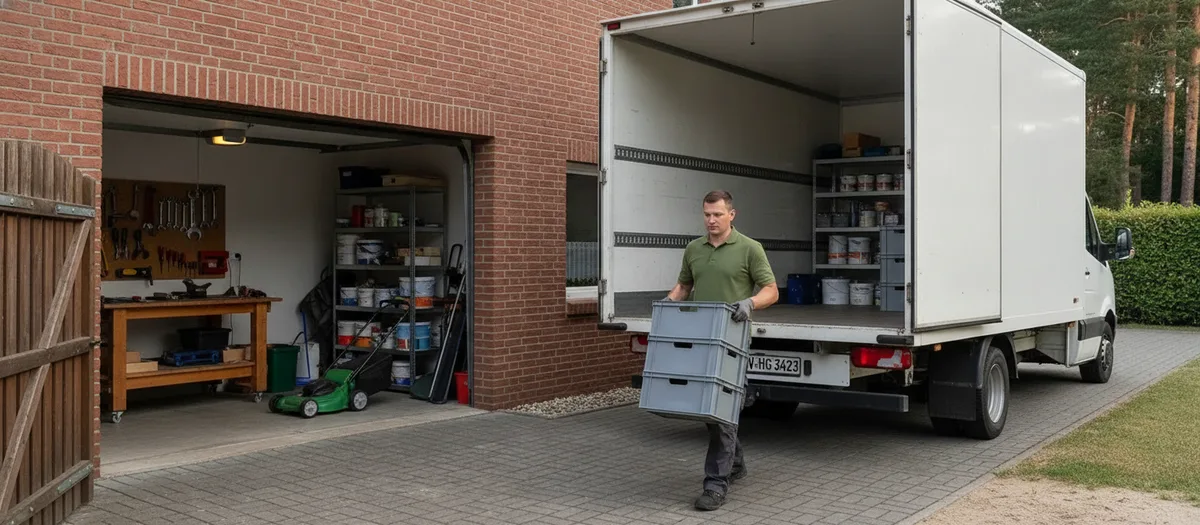 Offene Garage mit Werkbank, Regalen und gestapelten Kisten vor der Ausfahrt