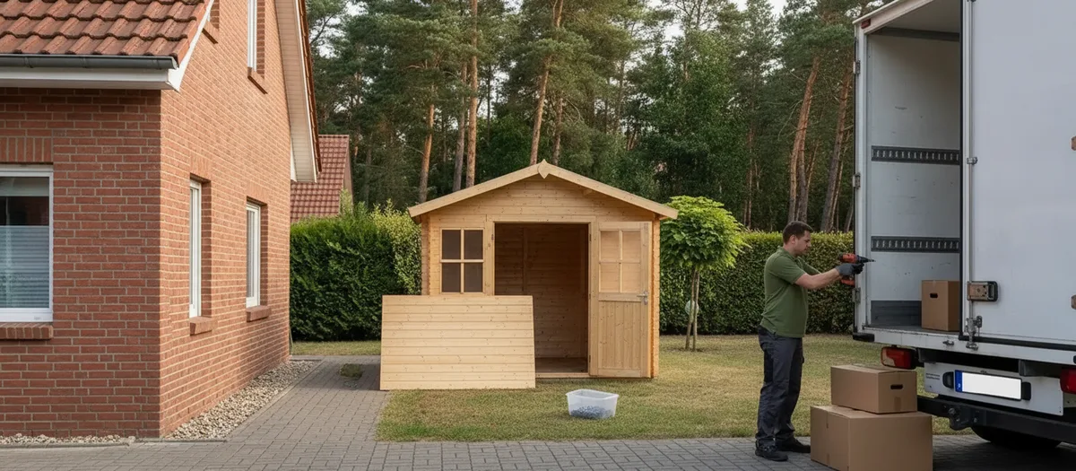 Ein hölzernes Gartenhaus mit Fenster und Vordach steht auf einer gepflasterten Fläche