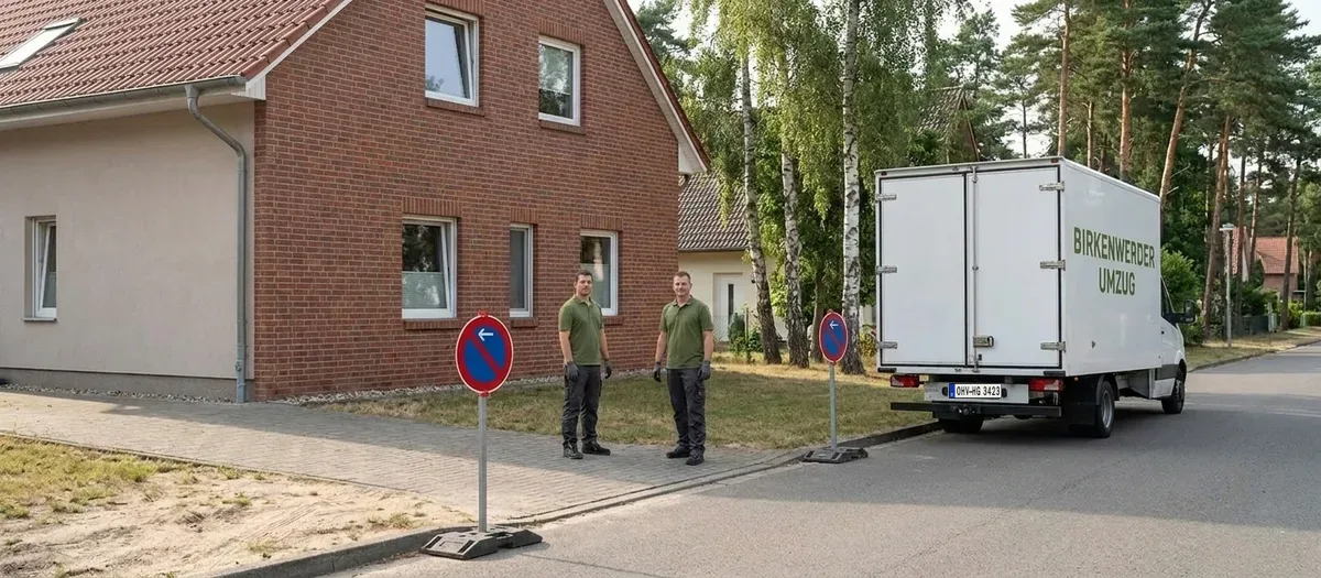 Zwei mobile Haltverbotsschilder mit gelbem Rand stehen am Straßenrand vor einem Wohnhaus