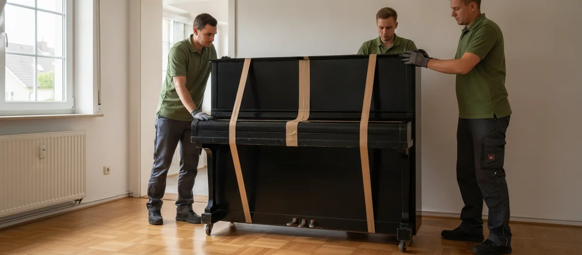 Drei Träger bewegen ein gegurtetes Klavier auf einem Rollbrett über das Parkett eines leeren Zimmers