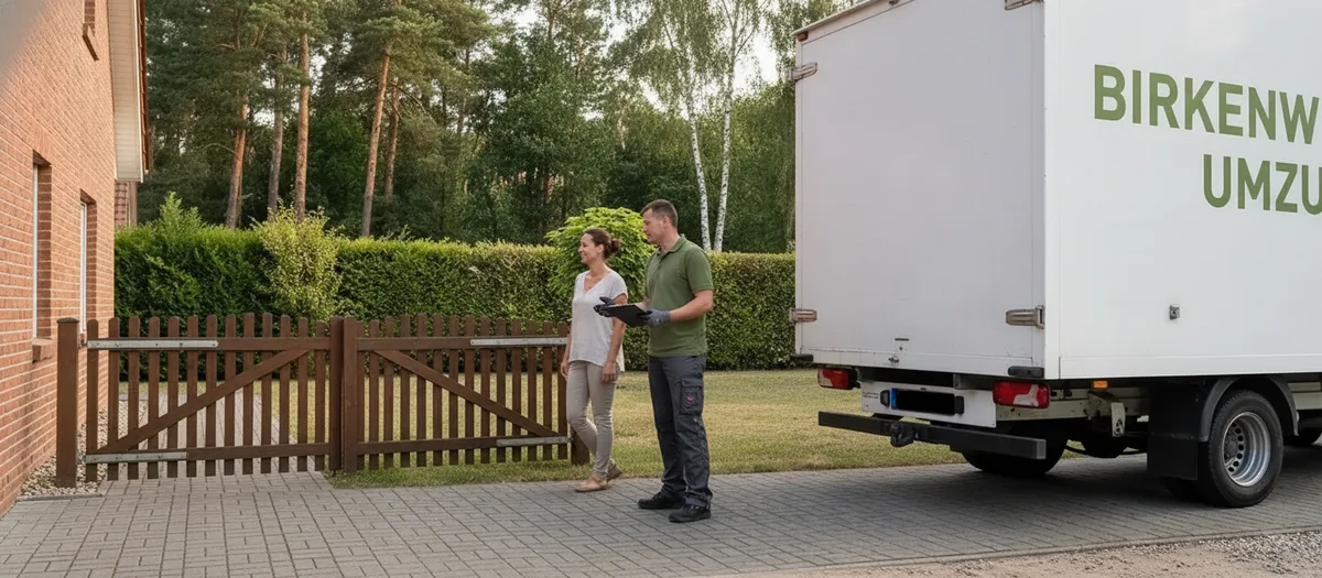 Umzugskraft bespricht mit einer Kundin am Gartentor die Unterlagen zum Umzugstermin