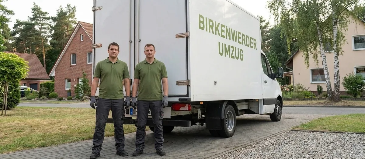 Zwei Umzugskräfte in moosgrünen Poloshirts stehen vor dem Umzugswagen auf dem Betriebshof