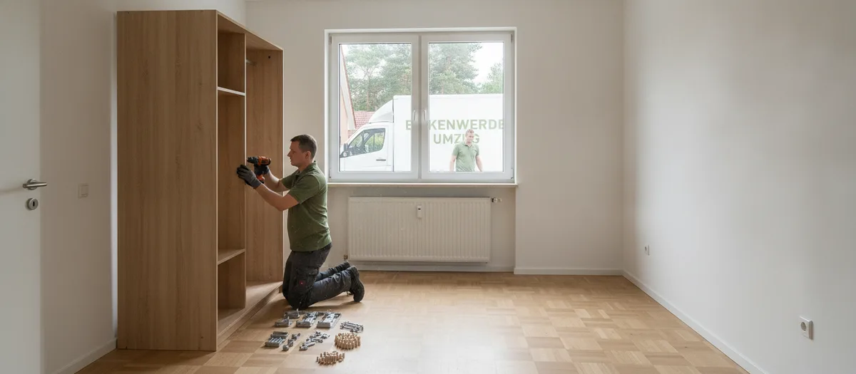 Monteur schraubt mit dem Akkuschrauber die Rückwand eines Schranks im leeren Zimmer fest
