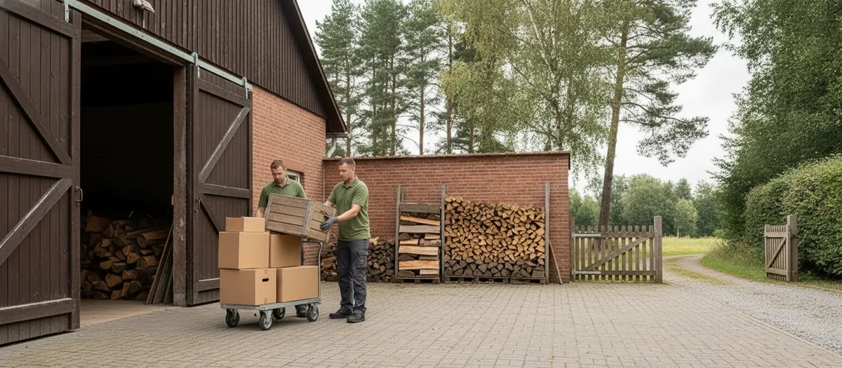 Zwei Umzugskräfte laden Kisten aus einer offenen Scheune auf einen Rollwagen im Hof