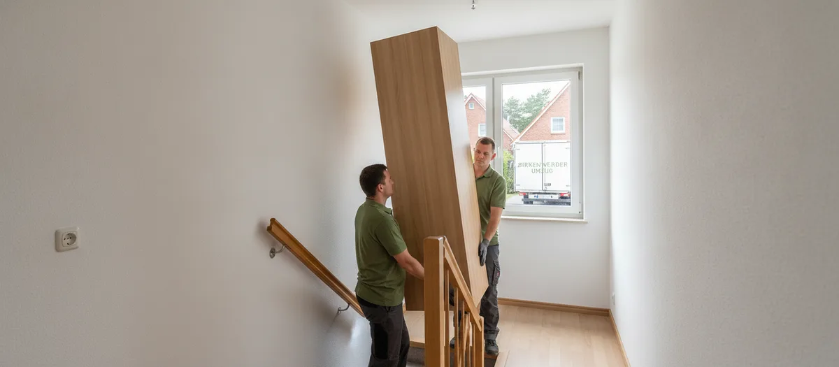 Zwei Träger in Arbeitskleidung heben einen Kleiderschrank durch ein enges Treppenhaus