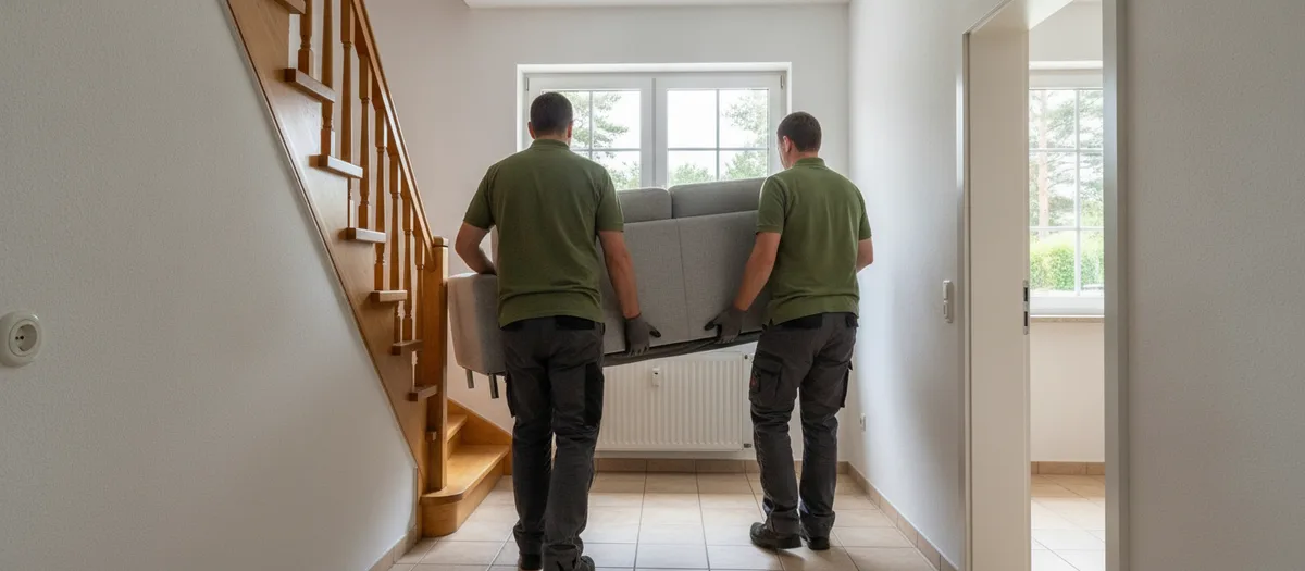 Zwei Träger tragen ein helles Sofa durch den Flur eines Hauses an der Holztreppe vorbei