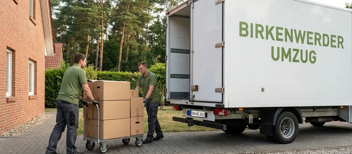 Zwei Umzugskräfte schieben einen beladenen Rollwagen über eine Grundstückszufahrt zum offenen Umzugswagen