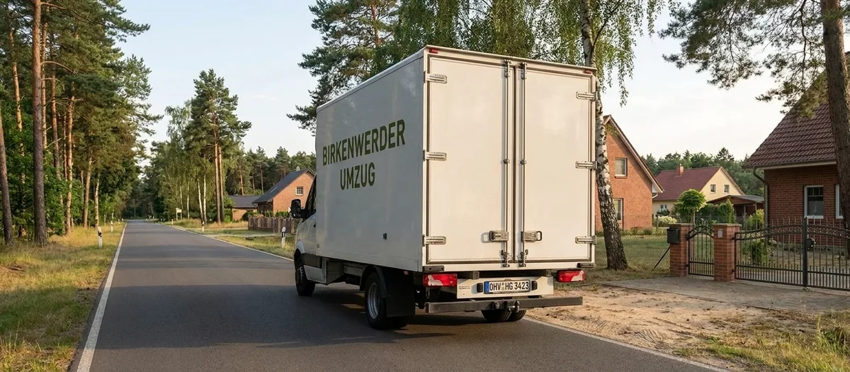 Weißer Umzugswagen fährt auf einer von Kiefern gesäumten Landstraße durch flaches Gelände