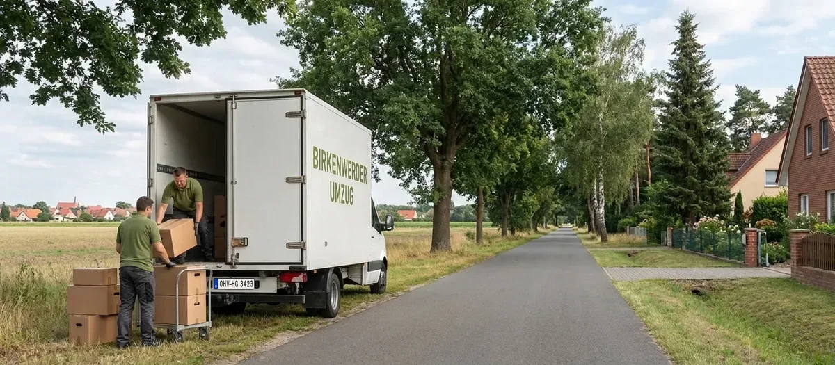 Umzugswagen mit der Aufschrift Birkenwerder Umzug fährt über eine Bundesstraße Richtung Stadtrand
