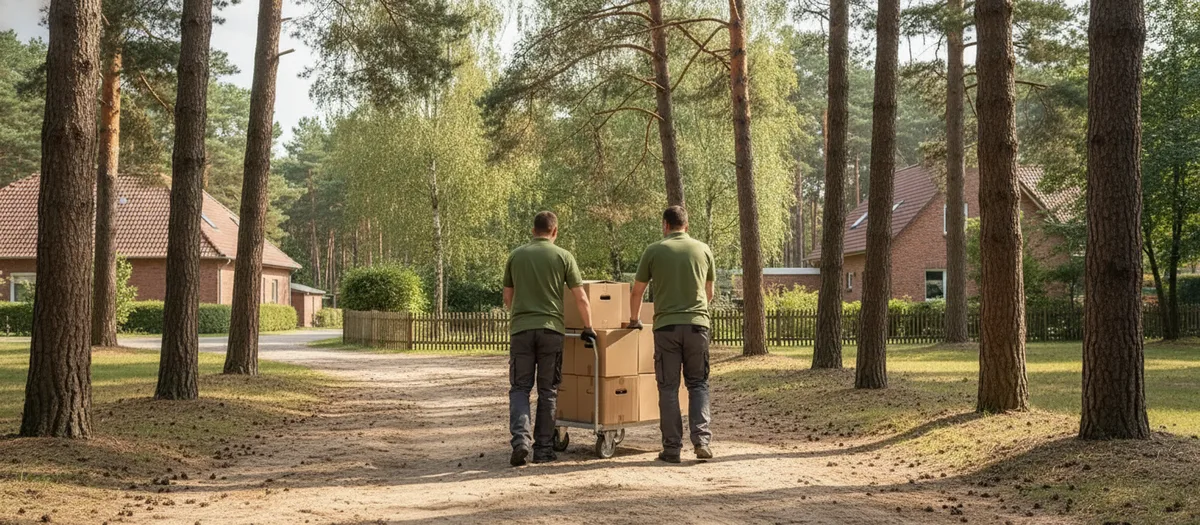 Zwei Umzugskräfte schieben einen beladenen Rollwagen über eine sandige Zufahrt zwischen Kiefern